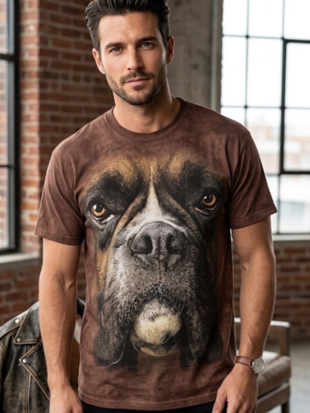 Boxer Dog Face Graphic T-Shirt - Brown